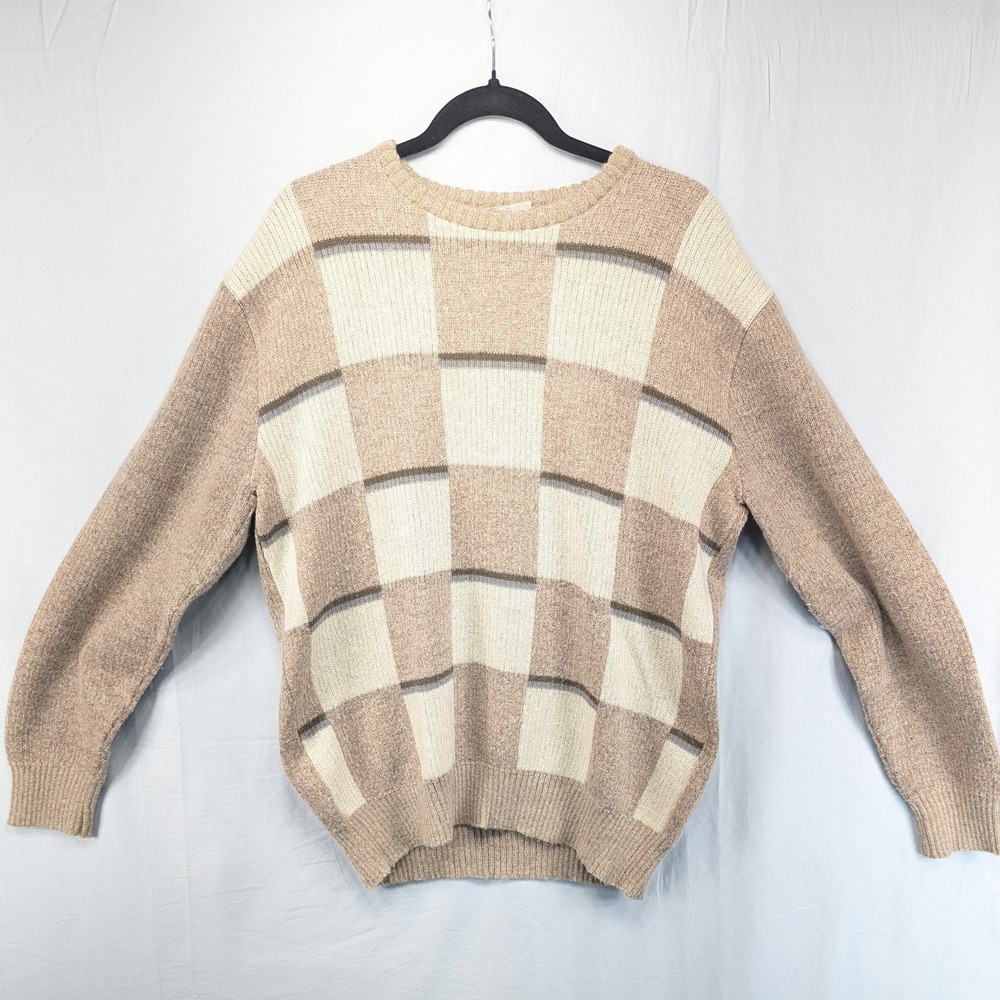 GIRAMODORo Tan Cream Checkered Long Sleeve Crewneck Sweater‎ Mens Size 54